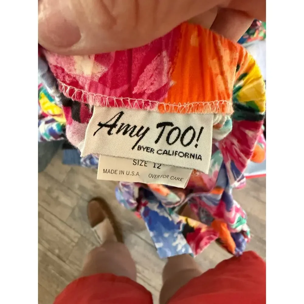 Vintage 80s Amy Too! Ruffle bright Dress Floral Print Multicolor Size 12